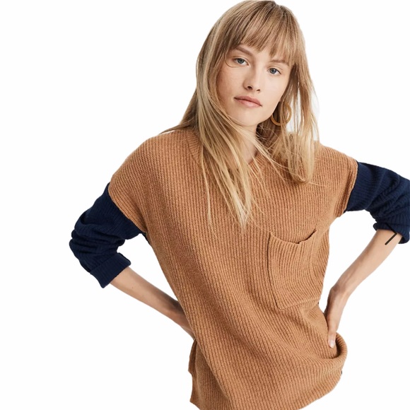 Madewell Sweaters - Madewell small Thompson pocket pullover sweater blue tan brown knit long sleeve